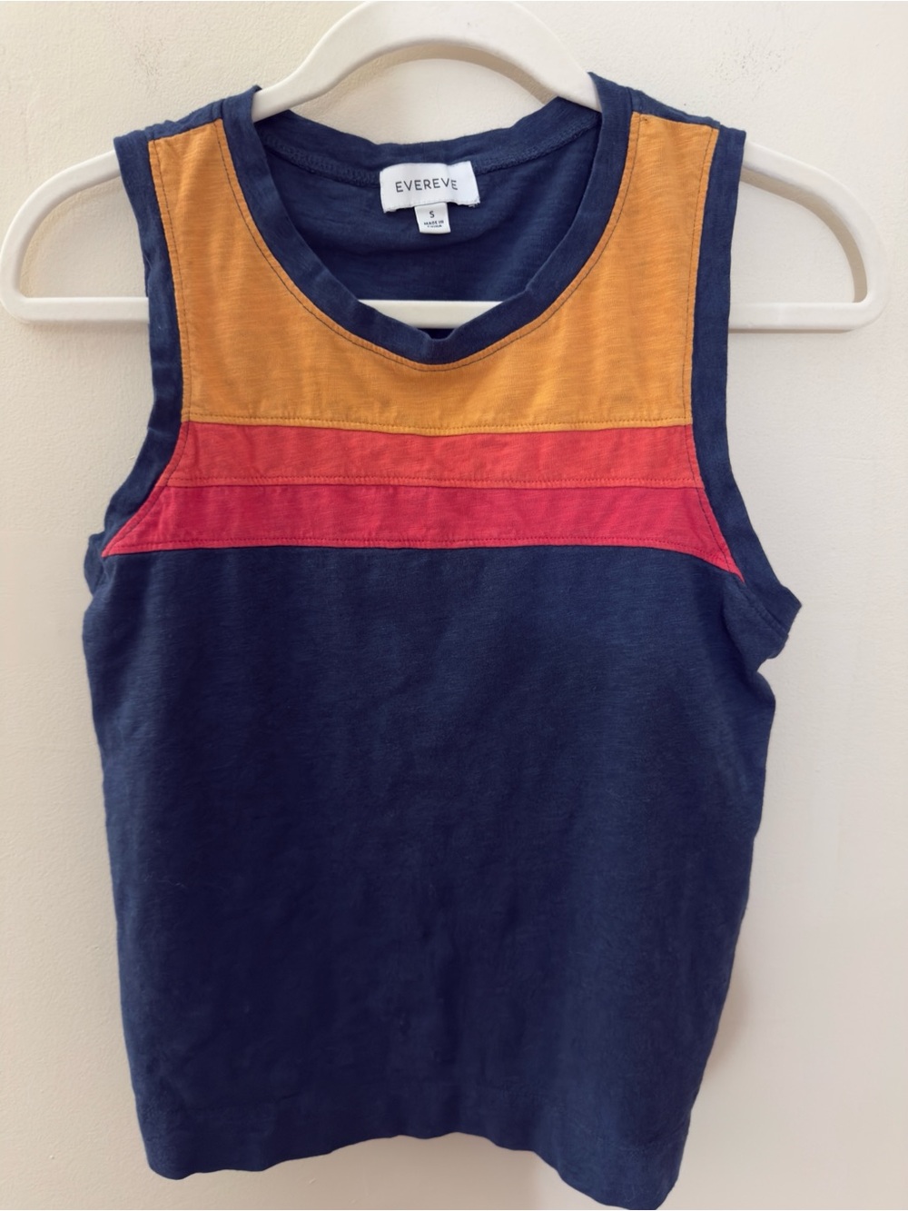 Evereve Retro Colorblock Navy Tank with Mustard and Red Stripe Accents | Size S